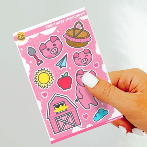 This image shows an adorable hand-drawn sticker sheet, Piggy Fun Sticker Sheets, which is available to purchase from HunnieByte.com