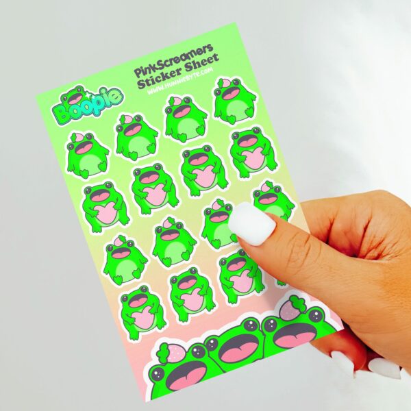 This image shows an adorable hand-drawn sticker sheet, Boopie Pink Screamer Sticker Sheet, which is available to purchase from HunnieByte.com