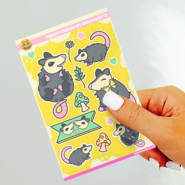 This image shows an adorable hand-drawn sticker sheet, Possum Friends Sticker Sheet, which is available to purchase from HunnieByte.com