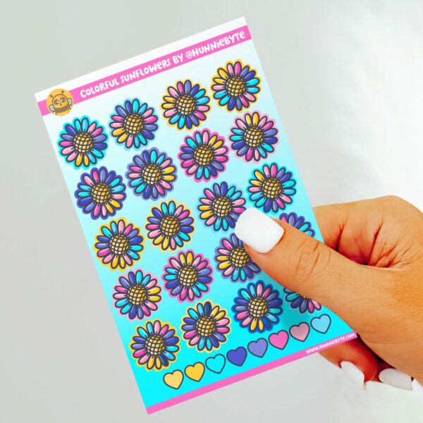 This image shows an adorable hand-drawn sticker sheet, Colorful Sunflowers Sticker Sheet, which is available to purchase from HunnieByte.com