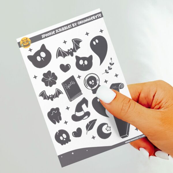 This image shows an adorable hand-drawn sticker sheet, Spookie Scribbles Sticker Sheet, which is available to purchase from HunnieByte.com