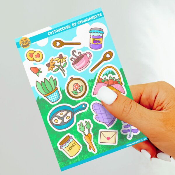 This image shows an adorable hand-drawn sticker sheet, Cottagecore Sticker Sheet, which is available to purchase from HunnieByte.com