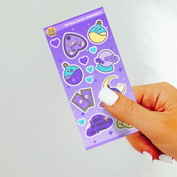 This image shows an adorable hand-drawn sticker sheet, Mystical Fun Sticker Sheet, which is available to purchase from HunnieByte.com