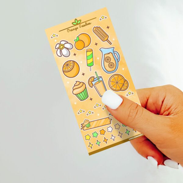 This image shows an adorable hand-drawn sticker sheet, Orange Goodies Sticker Sheet, which is available to purchase from HunnieByte.com