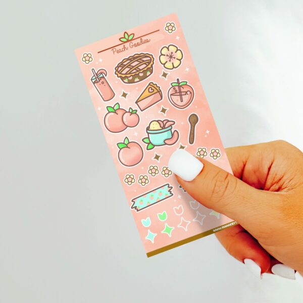 This image shows an adorable hand-drawn sticker sheet, Peach Goodies Sticker Sheet, which is available to purchase from HunnieByte.com