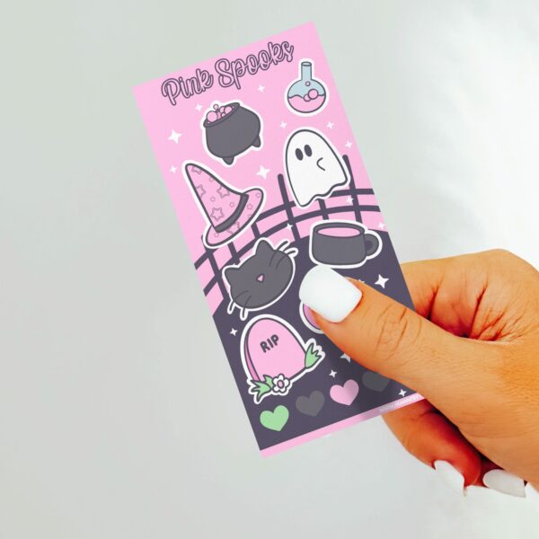 This image shows an adorable hand-drawn sticker sheet, Pink Spooks Sticker Sheet, which is available to purchase from HunnieByte.com