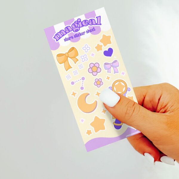 This image shows an adorable hand-drawn sticker sheet, Magical Stars Sticker Sheet, which is available to purchase from HunnieByte.com