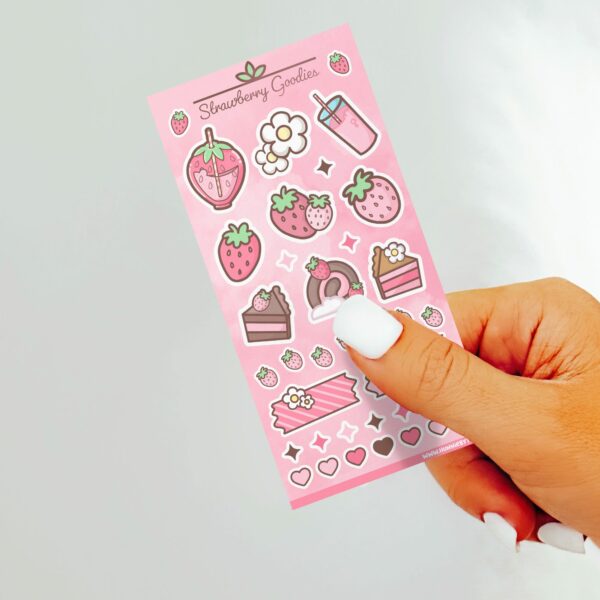 This image shows an adorable hand-drawn sticker sheet, Strawberry Goodies Sticker Sheet, which is available to purchase from HunnieByte.com