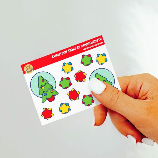 This image shows an adorable hand-drawn mini sticker sheet, Christmas Stars Mini Sticker Sheet, which is available to purchase from HunnieByte.com