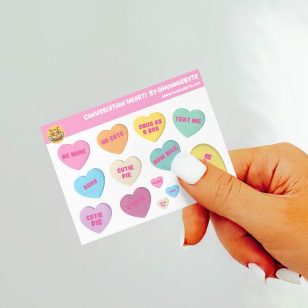 This image shows an adorable hand-drawn mini sticker sheet, Conversation Hearts Mini Sticker Sheet, which is available to purchase from HunnieByte.com