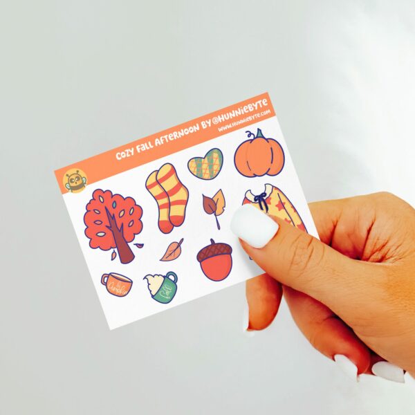 This image shows an adorable hand-drawn mini sticker sheet, Cozy Fall Afternoon Mini Sticker Sheet, which is available to purchase from HunnieByte.com