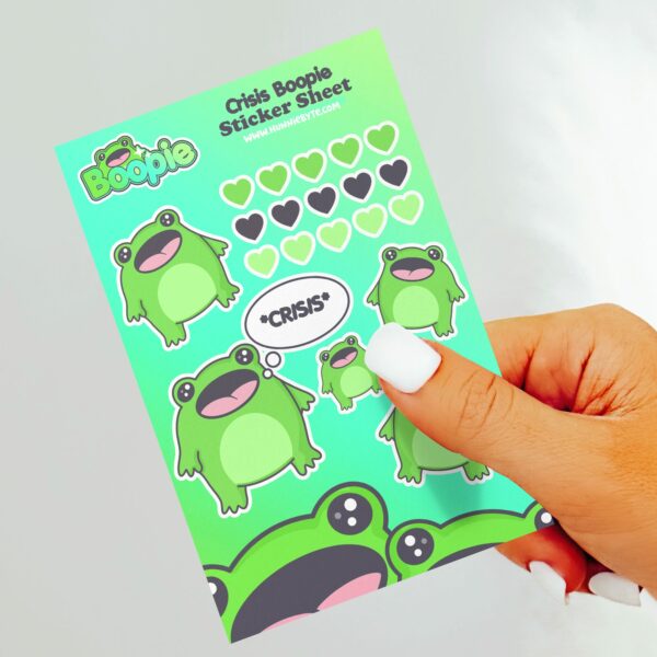 This image shows an adorable hand-drawn sticker sheet, Boopie Crisis Sticker Sheet, which is available to purchase from HunnieByte.com