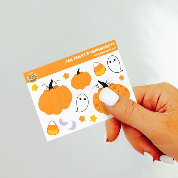 This image shows an adorable hand-drawn mini sticker sheet, Fall Frolics Mini Sticker Sheet, which is available to purchase from HunnieByte.com