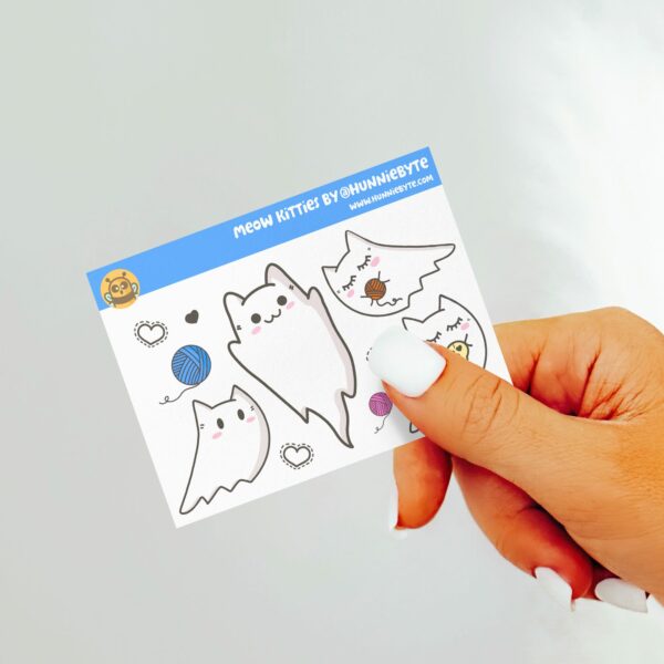 This image shows an adorable hand-drawn mini sticker sheet, Meow Kitties Mini Sticker Sheet, which is available to purchase from HunnieByte.com