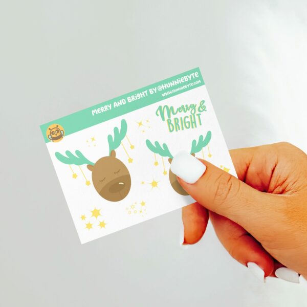 This image shows an adorable hand-drawn mini sticker sheet, Merry and Bright Mini Sticker Sheet, which is available to purchase from HunnieByte.com