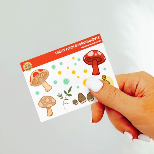 This image shows an adorable hand-drawn mini sticker sheet, Forest Fungi Mini Sticker Sheet, which is available to purchase from HunnieByte.com