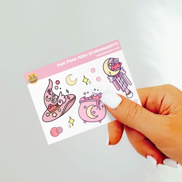 This image shows an adorable hand-drawn mini sticker sheet, Pink Moon Magic Mini Sticker Sheet, which is available to purchase from HunnieByte.com