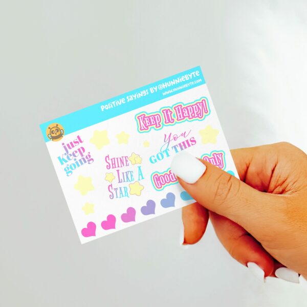 This image shows an adorable hand-drawn mini sticker sheet, Positive Sayings Mini Sticker Sheet, which is available to purchase from HunnieByte.com