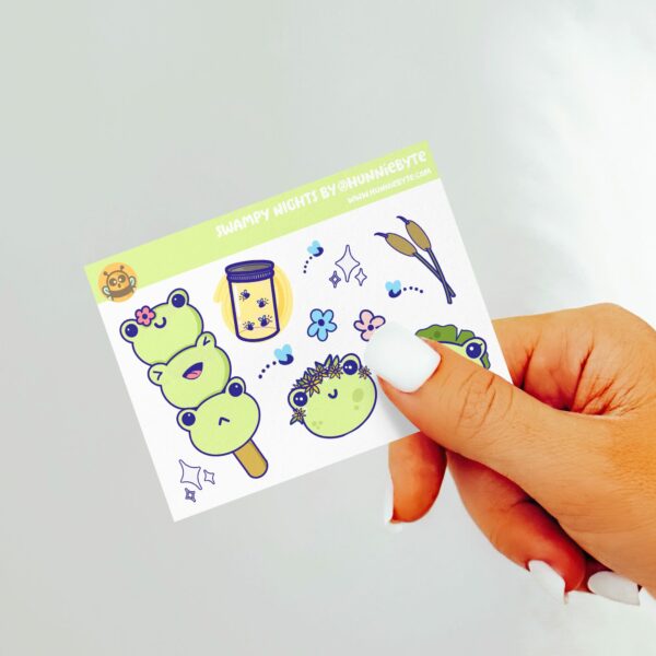 This image shows an adorable hand-drawn mini sticker sheet, Swampy Nights Mini Sticker Sheet, which is available to purchase from HunnieByte.com