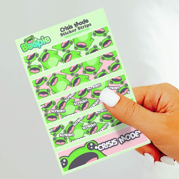 This image shows an adorable hand-drawn sticker sheet, Boopie Crisis Mode Sticker Sheet, which is available to purchase from HunnieByte.com