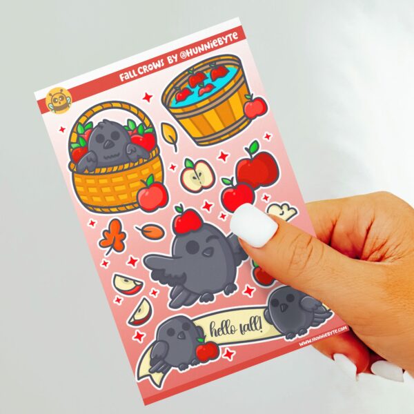 This image shows an adorable hand-drawn sticker sheet, Fall Crows Sticker Sheet, which is available to purchase from HunnieByte.com