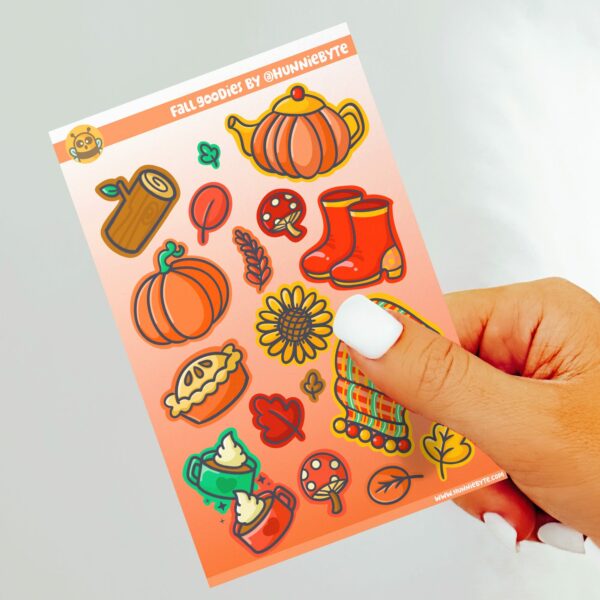 This image shows an adorable hand-drawn sticker sheet, Fall Goodies Sticker Sheet, which is available to purchase from HunnieByte.com