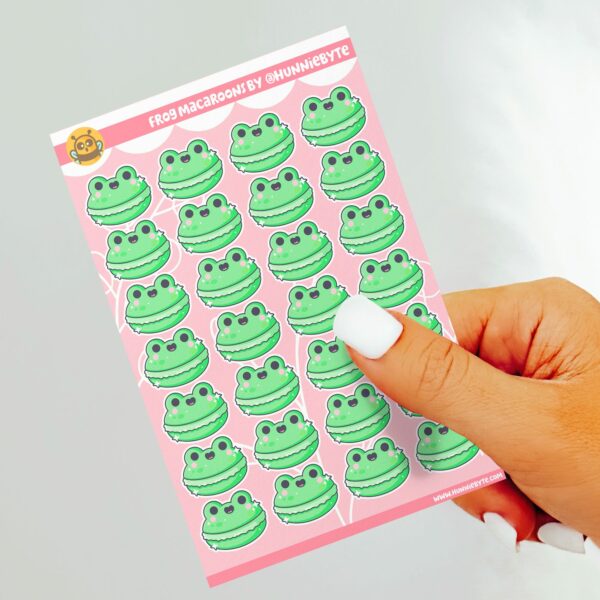 This image shows an adorable hand-drawn sticker sheet, Frog Macaroons Sticker Sheet, which is available to purchase from HunnieByte.com