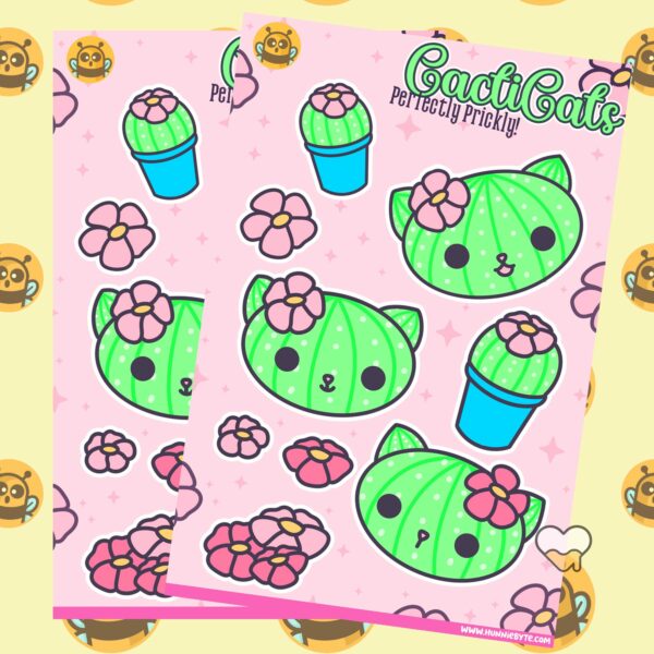 This image shows an adorable hand-drawn sticker sheet, Cacticats Sticker Sheet, which is available to purchase from HunnieByte.com