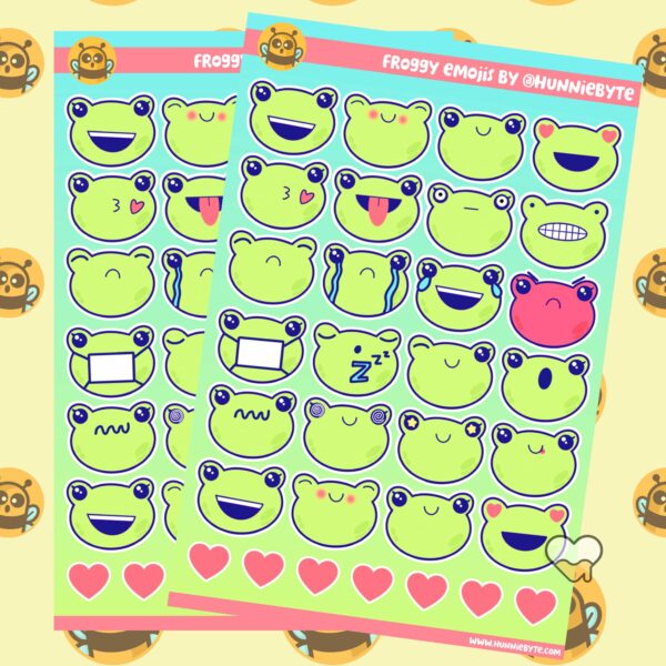 This image shows an adorable hand-drawn sticker sheet, Frog Emojis Sticker Sheet, which is available to purchase from HunnieByte.com