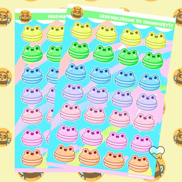 This image shows an adorable hand-drawn sticker sheet, Rainbow Frog Macaroons Sticker Sheet, which is available to purchase from HunnieByte.com