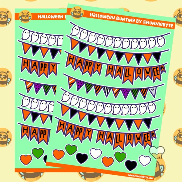 This image shows an adorable hand-drawn sticker sheet, Halloween Bunting Sticker Sheet, which is available to purchase from HunnieByte.com