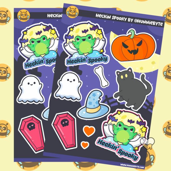 This image shows an adorable hand-drawn sticker sheet, Heckin Spooky Sticker Sheet, which is available to purchase from HunnieByte.com