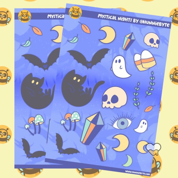 This image shows an adorable hand-drawn sticker sheet, Mystical Nights Sticker Sheets, which is available to purchase from HunnieByte.com