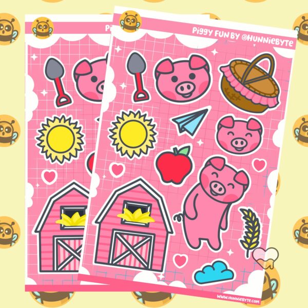 This image shows an adorable hand-drawn sticker sheet, Piggy Fun Sticker Sheets, which is available to purchase from HunnieByte.com