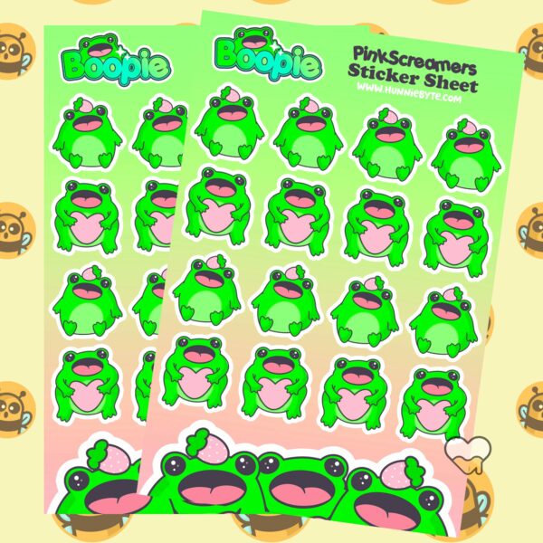 This image shows an adorable hand-drawn sticker sheet, Boopie Pink Screamer Sticker Sheet, which is available to purchase from HunnieByte.com