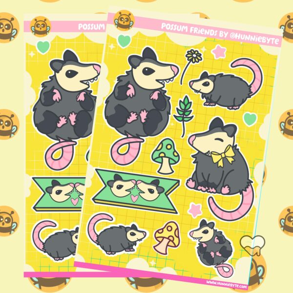 This image shows an adorable hand-drawn sticker sheet, Possum Friends Sticker Sheet, which is available to purchase from HunnieByte.com