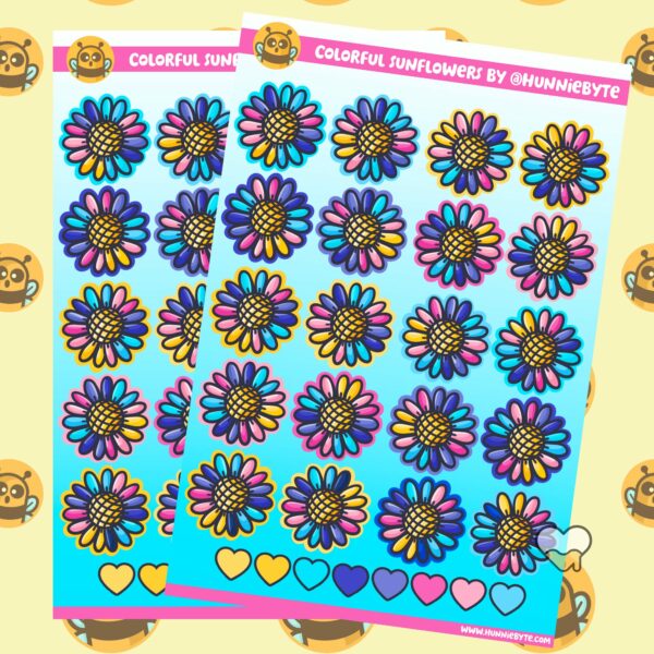 This image shows an adorable hand-drawn sticker sheet, Colorful Sunflowers Sticker Sheet, which is available to purchase from HunnieByte.com