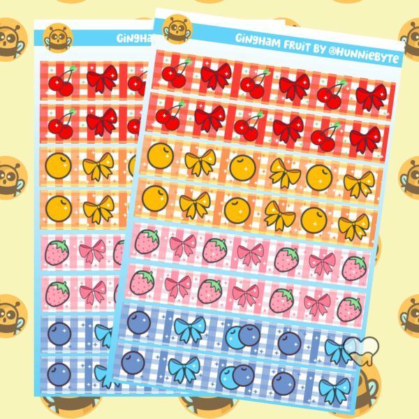 This image shows an adorable hand-drawn sticker sheet, Gingham Fruit Sticker Sheet, which is available to purchase from HunnieByte.com