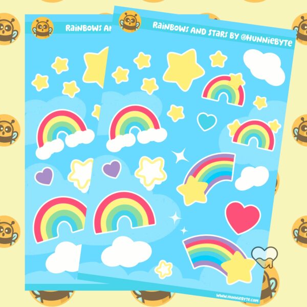 This image shows an adorable hand-drawn sticker sheet, Rainbows and Stars Sticker Sheet, which is available to purchase from HunnieByte.com