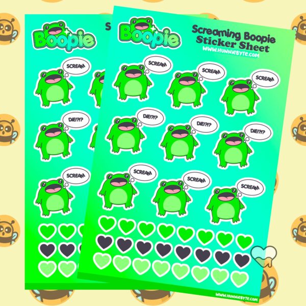 This image shows an adorable hand-drawn sticker sheet, Boopie Screaming Boopie Sticker Sheet, which is available to purchase from HunnieByte.com