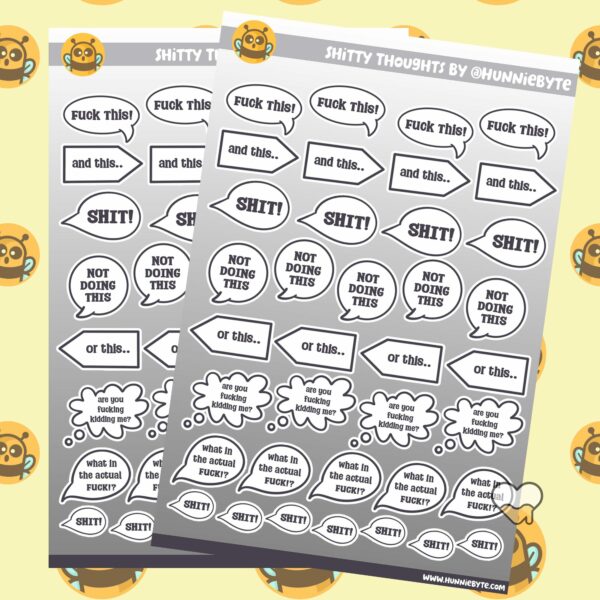 This image shows an adorable hand-drawn sticker sheet, Shitty Thoughts Sticker Sheet, which is available to purchase from HunnieByte.com