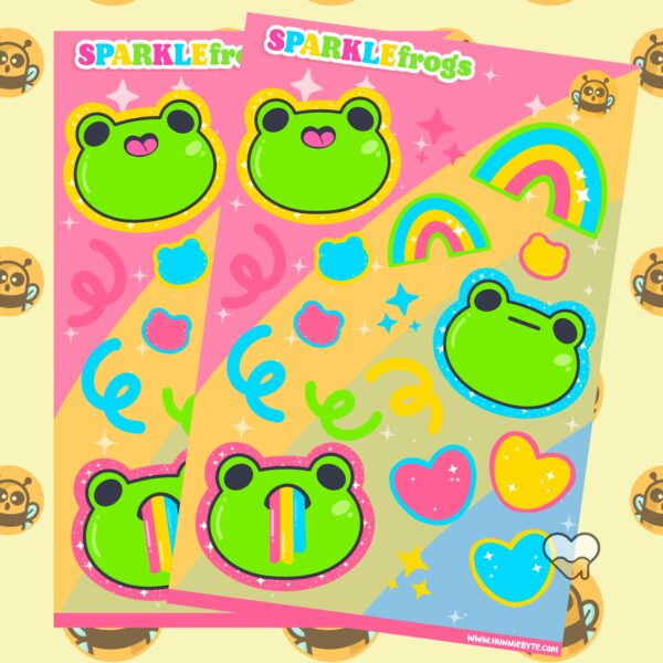 This image shows an adorable hand-drawn sticker sheet, Sparkle Frogs Sticker Sheet, which is available to purchase from HunnieByte.com