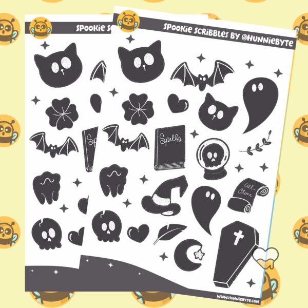 This image shows an adorable hand-drawn sticker sheet, Spookie Scribbles Sticker Sheet, which is available to purchase from HunnieByte.com