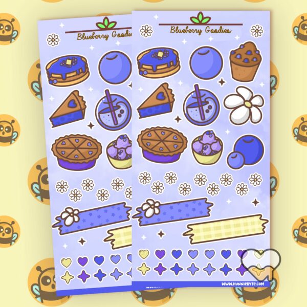 This image shows an adorable hand-drawn sticker sheet, Blueberry Goodies Sticker Sheet, which is available to purchase from HunnieByte.com