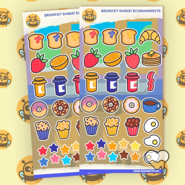 This image shows an adorable hand-drawn sticker sheet, Breakfast Goodies Sticker Sheet, which is available to purchase from HunnieByte.com