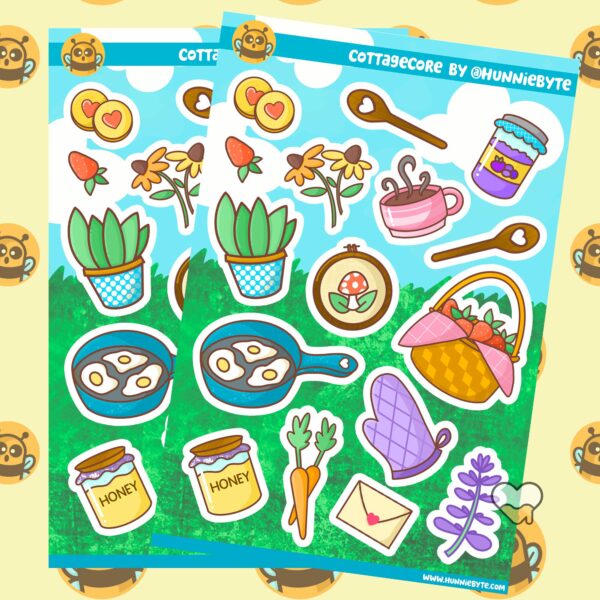 This image shows an adorable hand-drawn sticker sheet, Cottagecore Sticker Sheet, which is available to purchase from HunnieByte.com