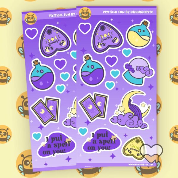 This image shows an adorable hand-drawn sticker sheet, Mystical Fun Sticker Sheet, which is available to purchase from HunnieByte.com