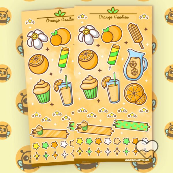 This image shows an adorable hand-drawn sticker sheet, Orange Goodies Sticker Sheet, which is available to purchase from HunnieByte.com