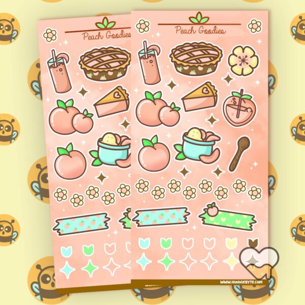 This image shows an adorable hand-drawn sticker sheet, Peach Goodies Sticker Sheet, which is available to purchase from HunnieByte.com