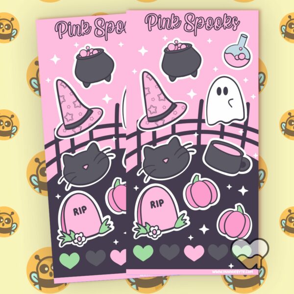 This image shows an adorable hand-drawn sticker sheet, Pink Spooks Sticker Sheet, which is available to purchase from HunnieByte.com